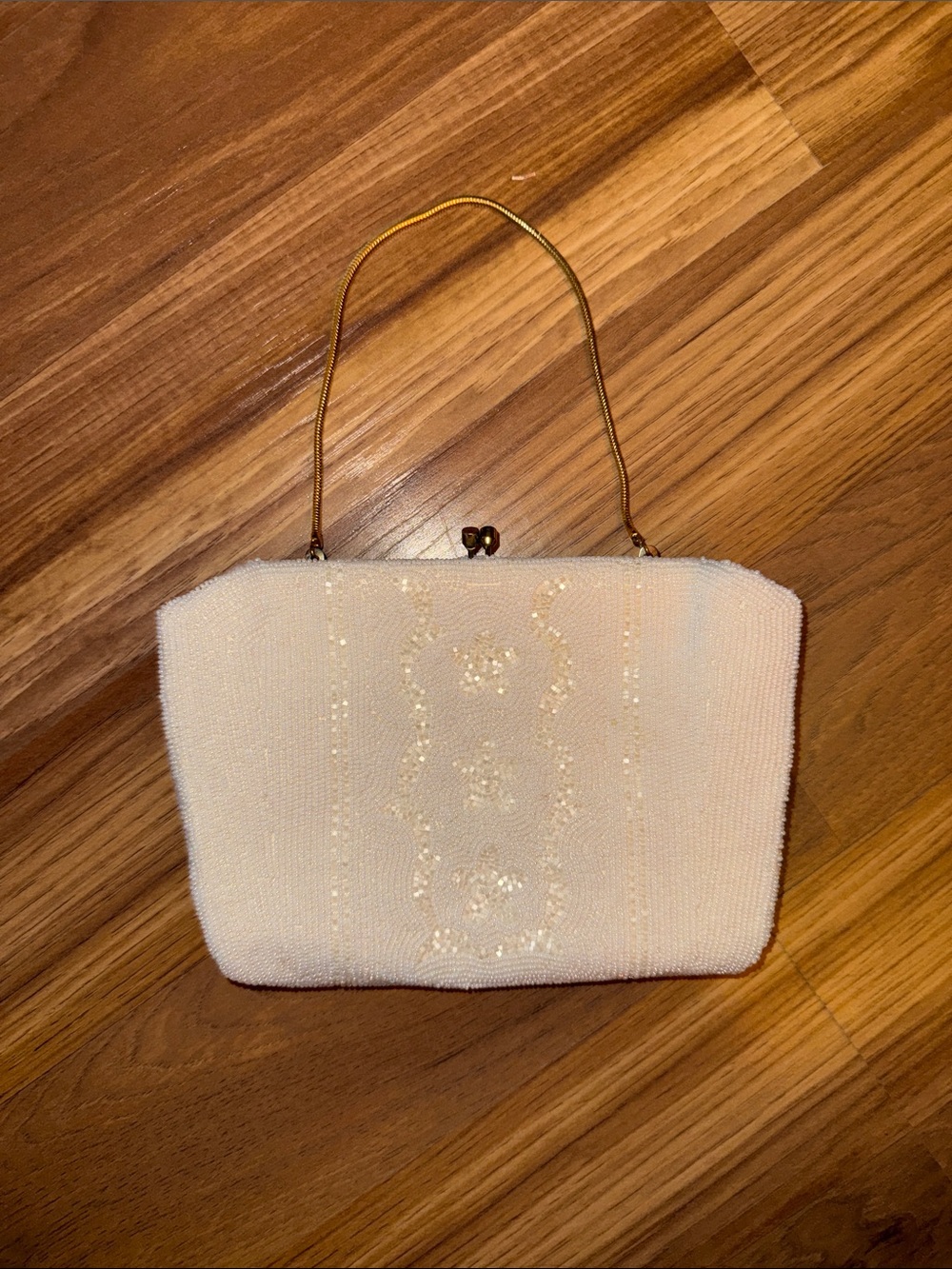 La Regale Cream Beaded Evening Clutch with Gold Handle